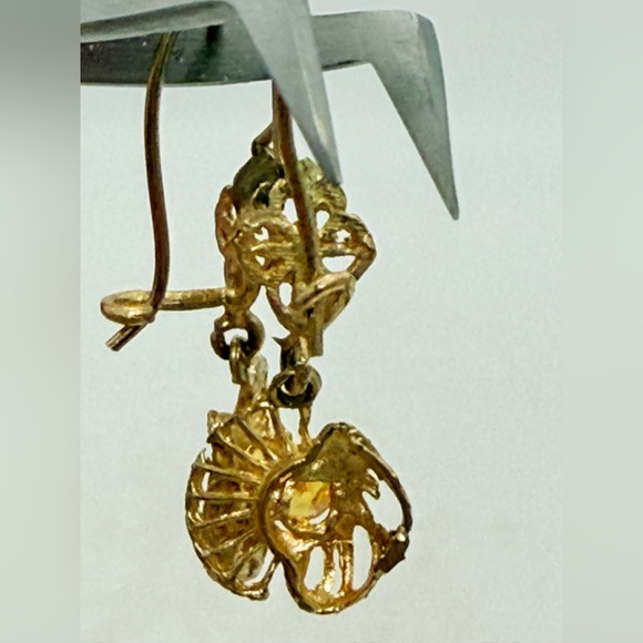 Vintage 10K Yellow Gold Floral Dangle Earrings | Yellow Stones | 2.4g - Picture 6 of 10